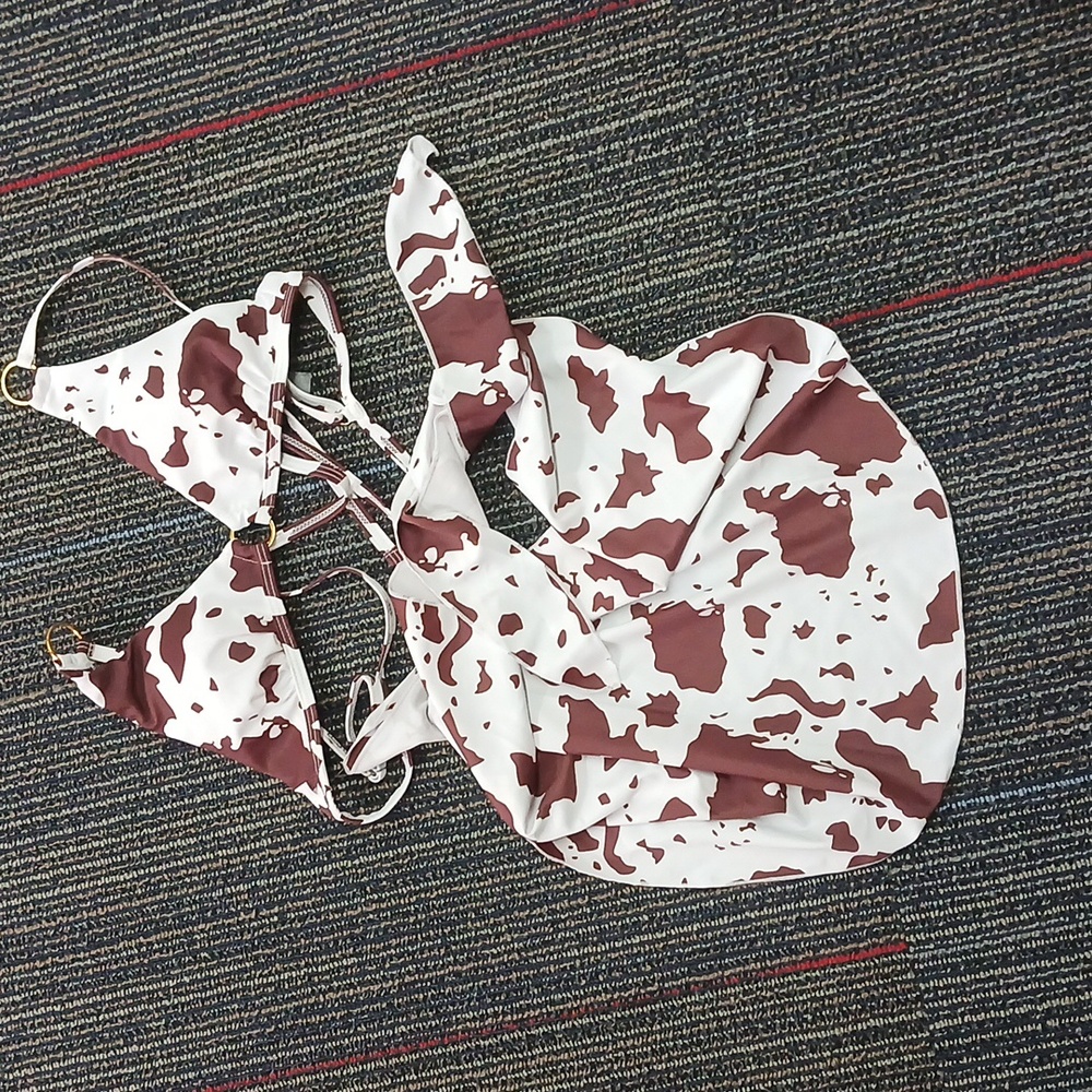 Shein Brown Cow Print bikini Top With Cover Up Skirt Small New